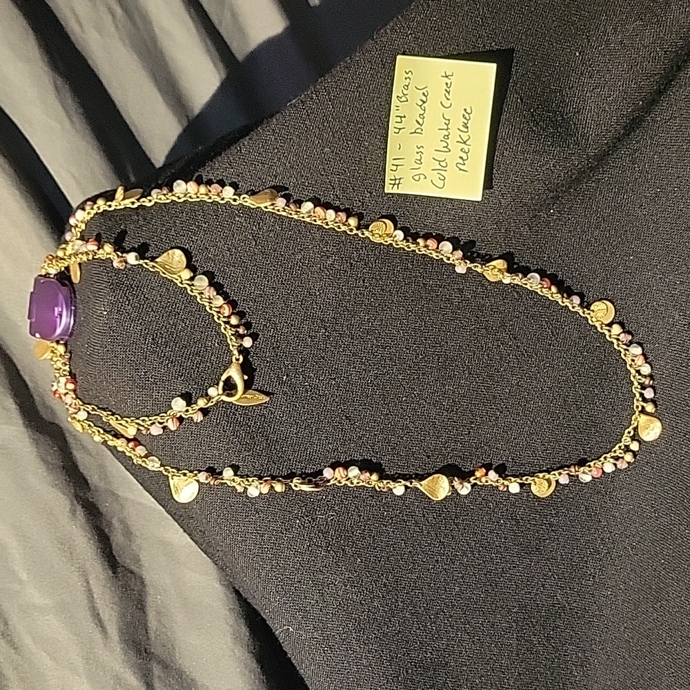 34" brass colored Coldwater Creekvnecklace with multiple colored glass beads